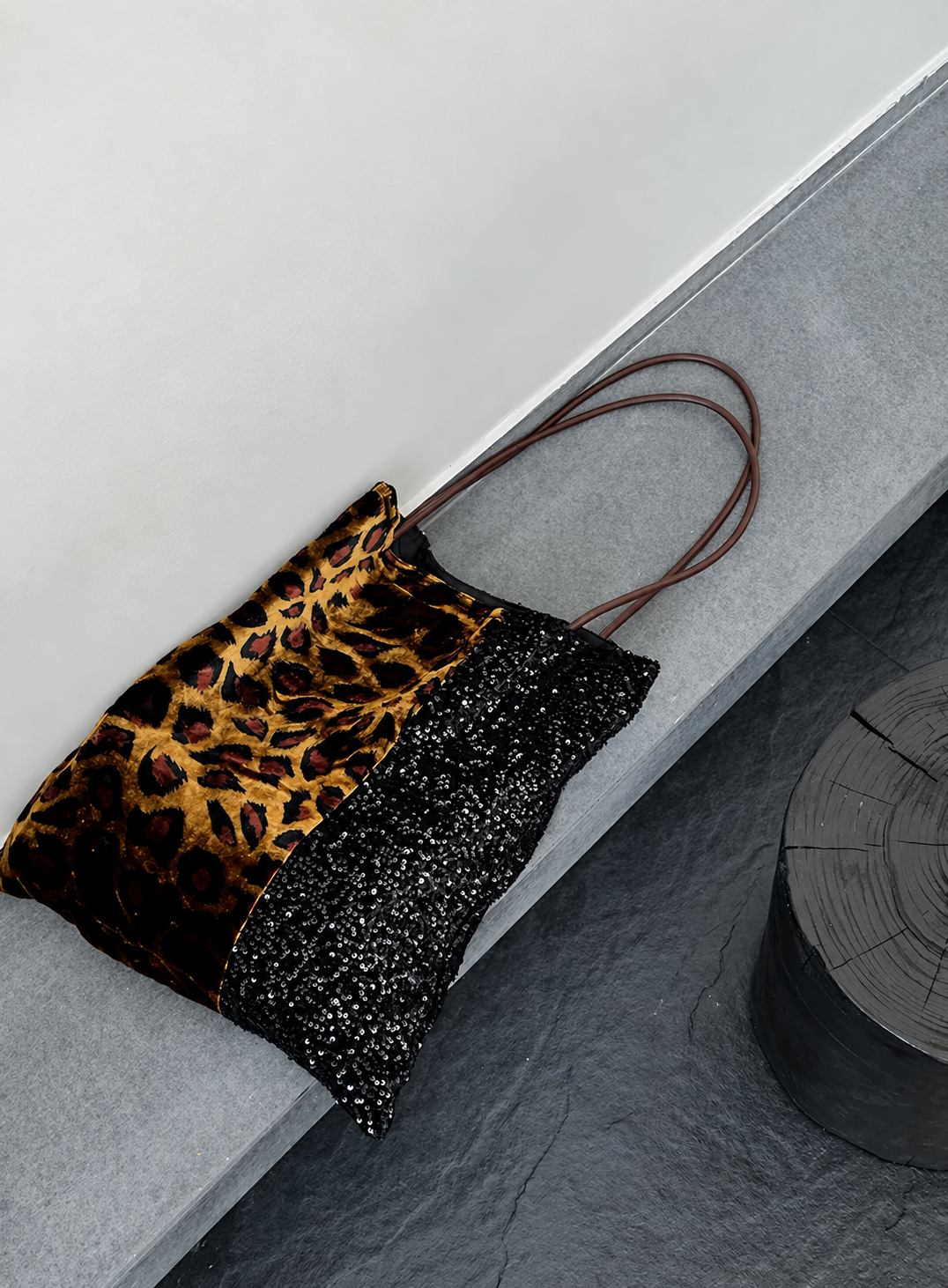 Leopard Print Silk Velvet Tote Bag with Black Sequins
