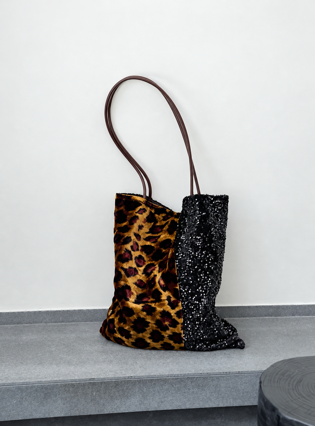 Leopard Print Silk Velvet Tote Bag with Black Sequins
