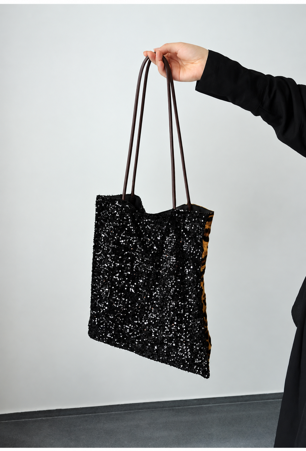 Leopard Print Silk Velvet Tote Bag with Black Sequins
