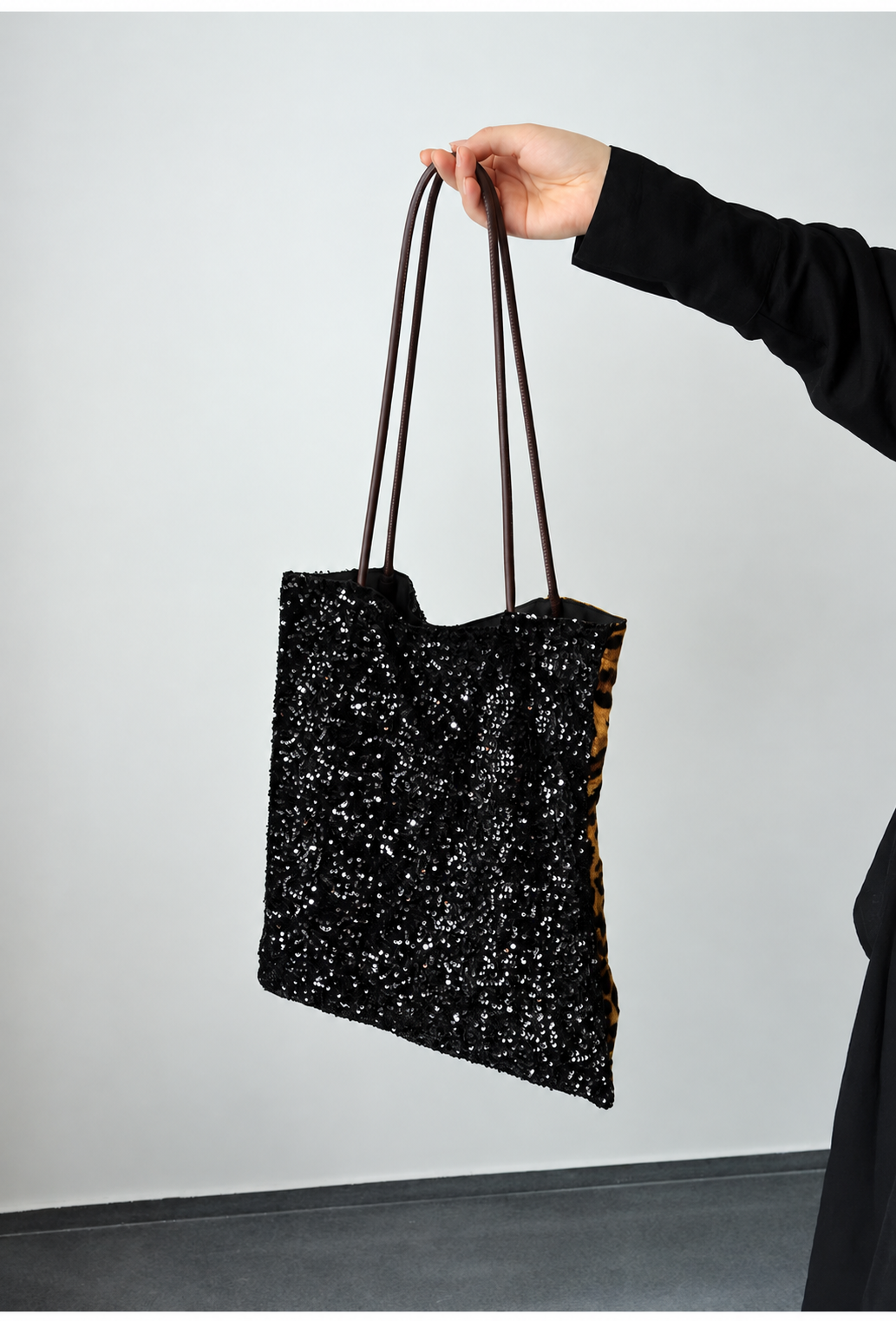 Leopard Print Silk Velvet Tote Bag with Black Sequins