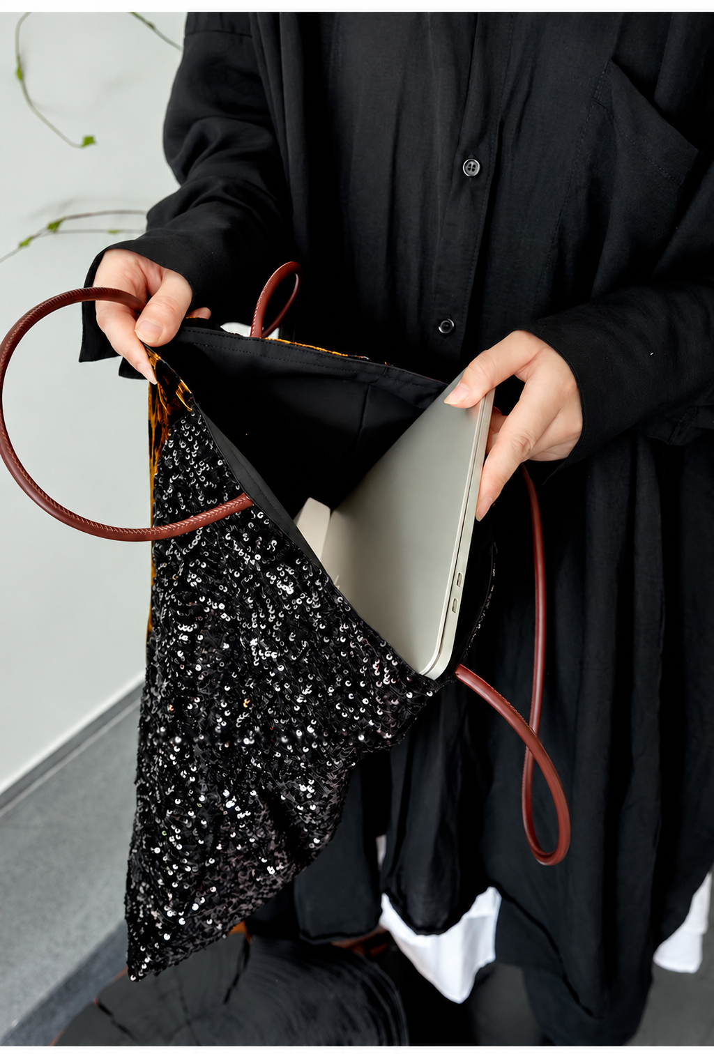 Leopard Print Silk Velvet Tote Bag with Black Sequins