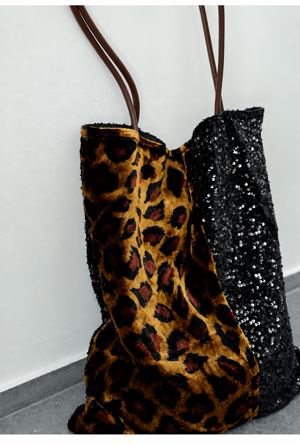 Leopard Print Silk Velvet Tote Bag with Black Sequins
