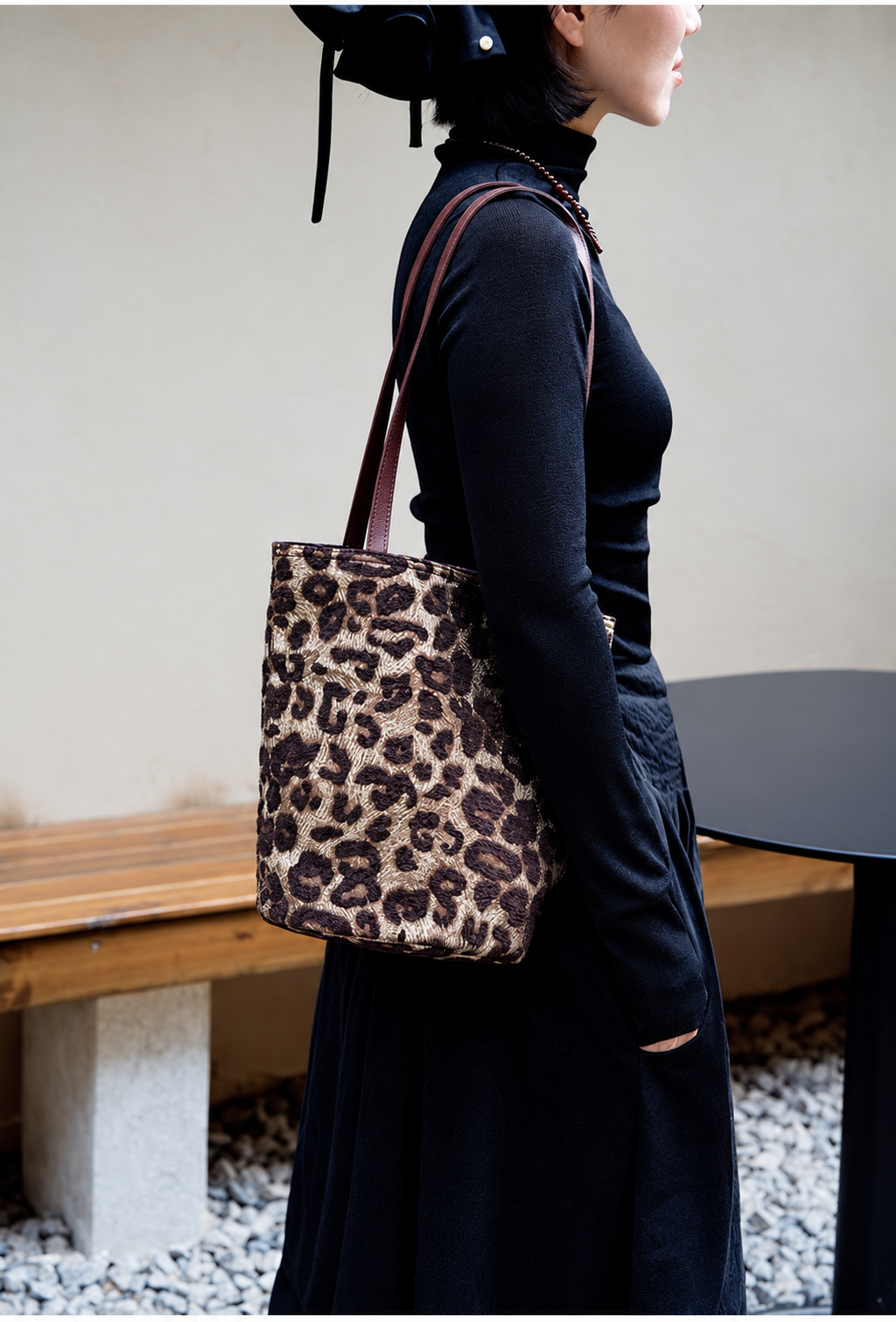 Leopard Print Shoulder Tote Bag with Brown Straps