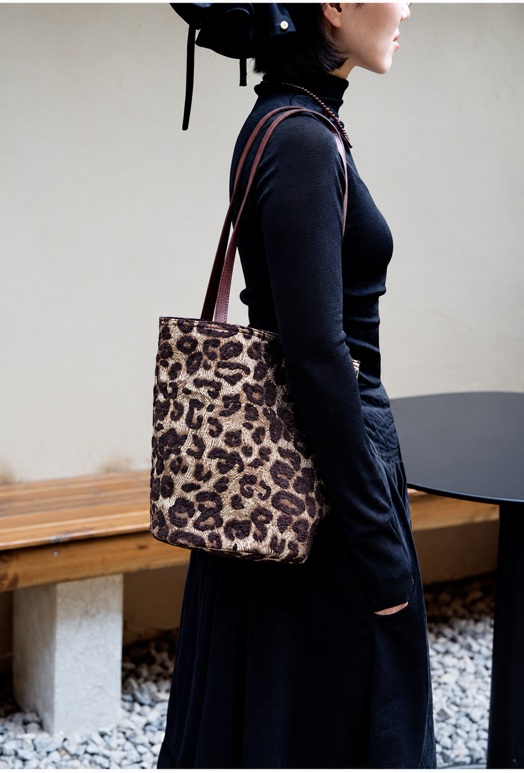 Leopard Print Shoulder Tote Bag with Brown Straps