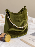 Olive Green Velvet Bucket Bag with Pearl-Style Beaded Handle