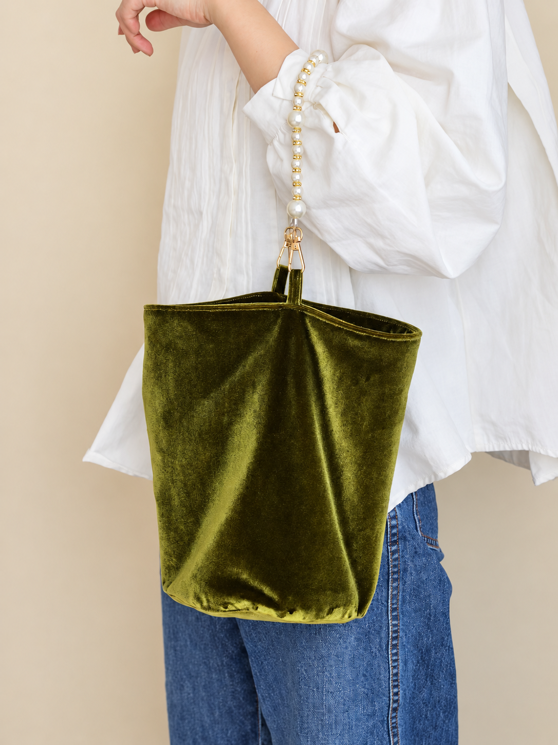 Olive Green Velvet Bucket Bag with Pearl-Style Beaded Handle