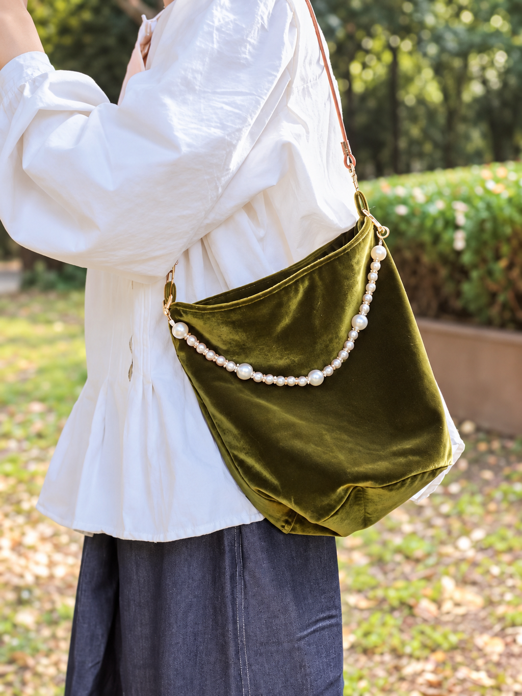 Olive Green Velvet Bucket Bag with Pearl-Style Beaded Handle
