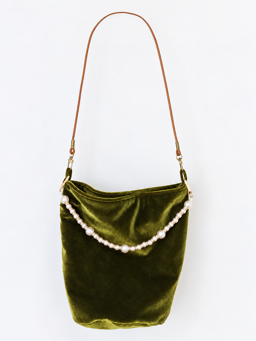 Olive Green Velvet Bucket Bag with Pearl-Style Beaded Handle