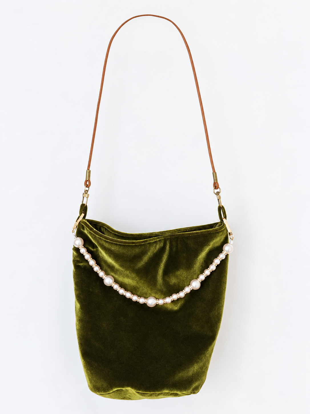 Olive Green Velvet Bucket Bag with Pearl-Style Beaded Handle