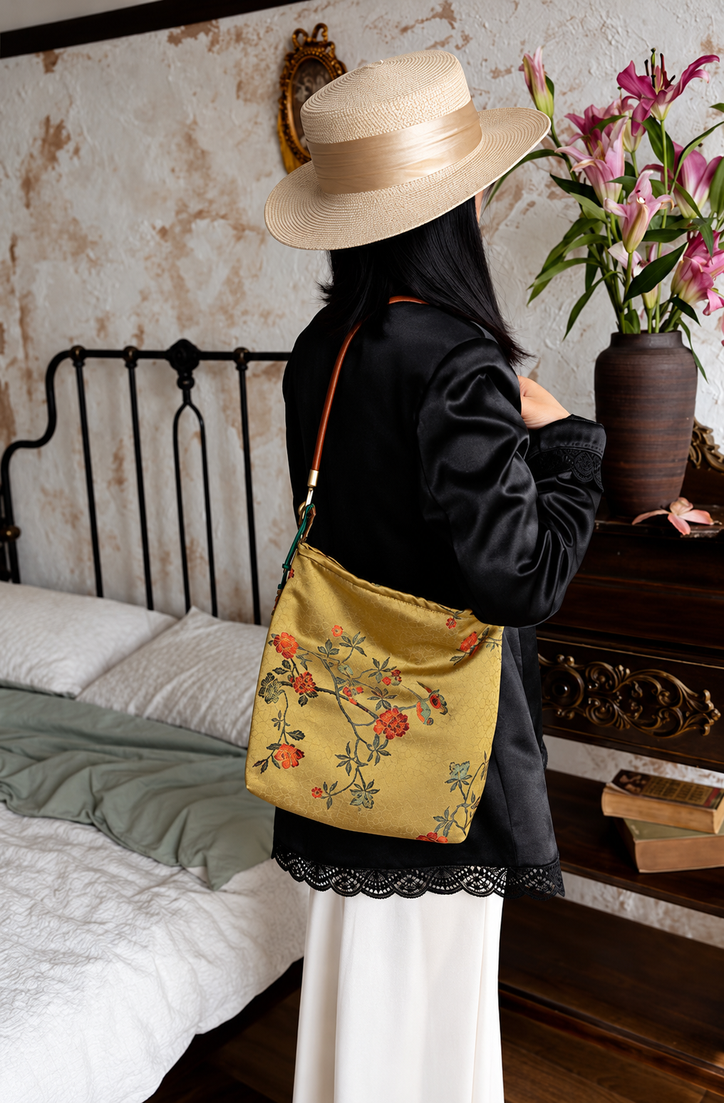 Golden Olive Floral Shoulder Bag with Brown Strap – Vintage-Inspired Jacquard Handbag