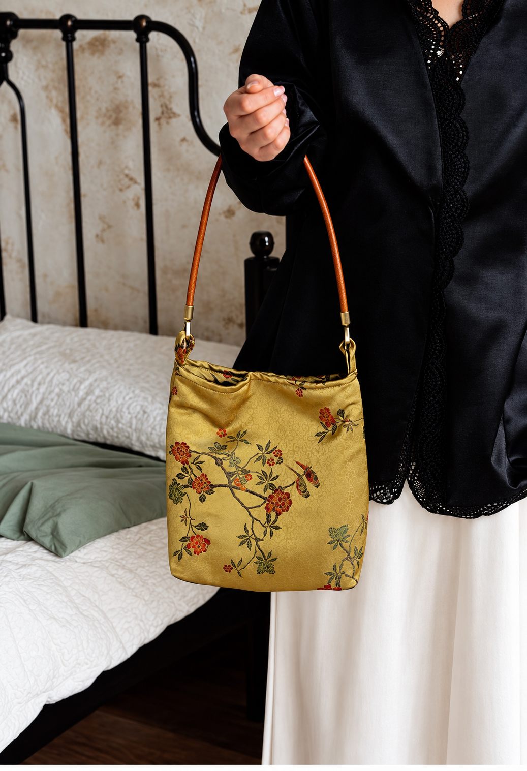 Golden Olive Floral Shoulder Bag with Brown Strap – Vintage-Inspired Jacquard Handbag