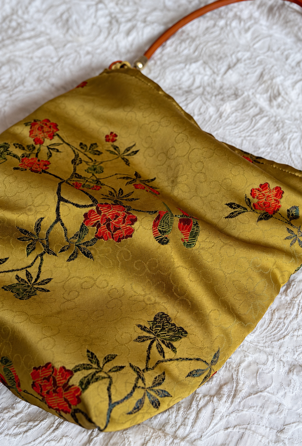Golden Olive Floral Shoulder Bag with Brown Strap – Vintage-Inspired Jacquard Handbag