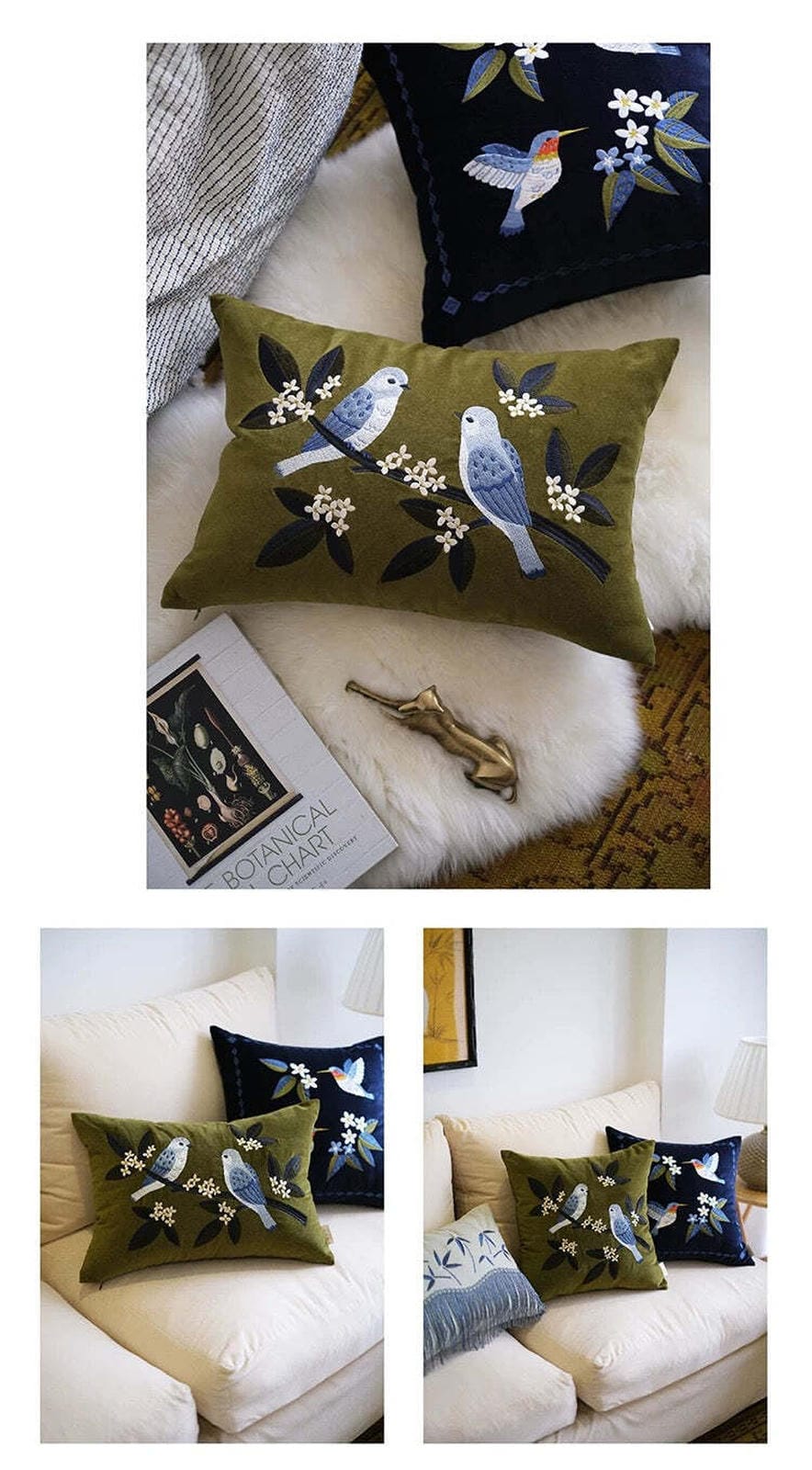 Embroidered Songbird Velvet Throw Pillow (Cushion included)