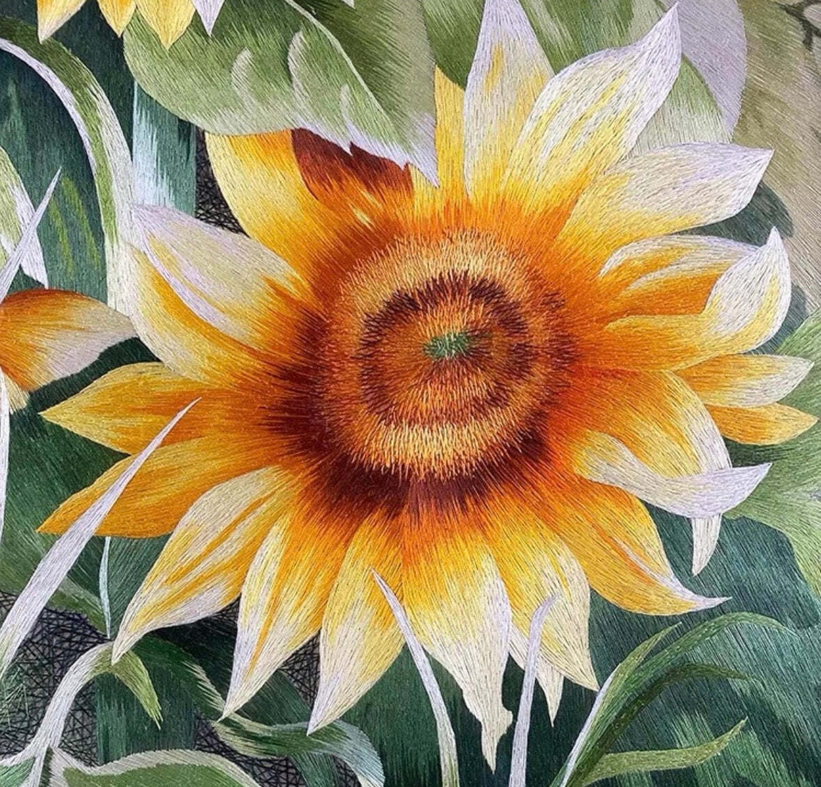 Hand-Embroidered "Radiant Sunflowers" Silk Art (Core Only)