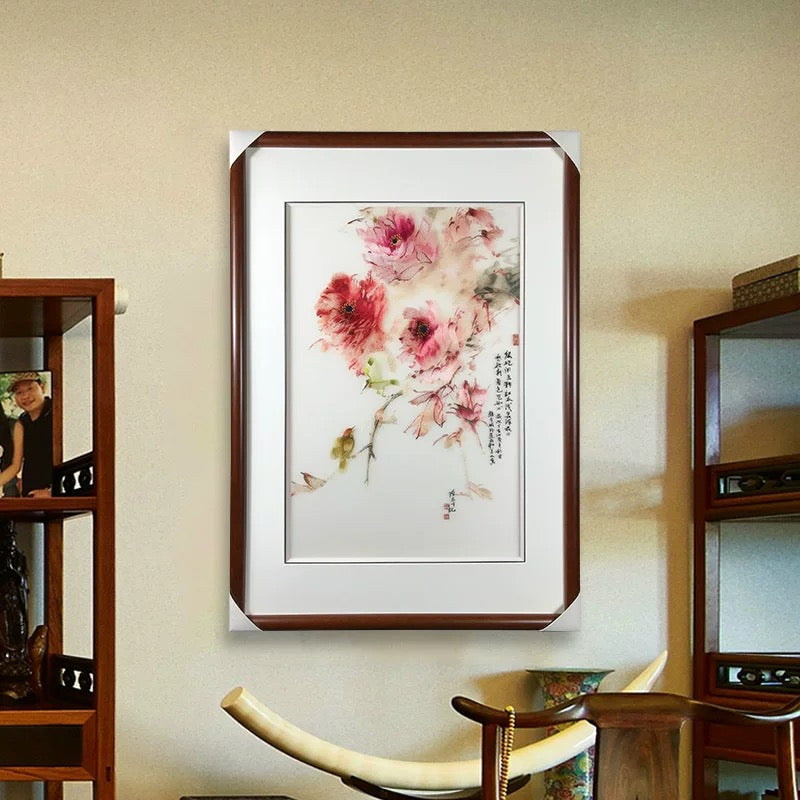 Artisanal Silk Embroidery Wall Art: "Harmony of Peony and Songbird"