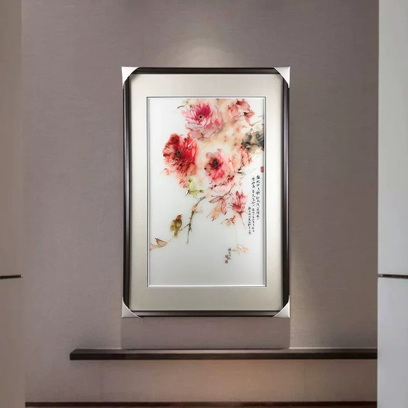 Artisanal Silk Embroidery Wall Art: "Harmony of Peony and Songbird"