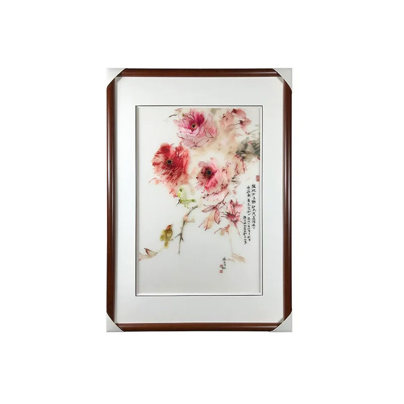Artisanal Silk Embroidery Wall Art: "Harmony of Peony and Songbird"