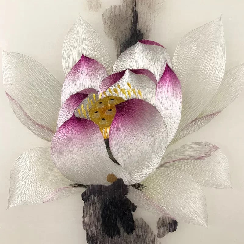 Ink-Wash Style Embroidery: The stem and base are stitched using varying shades of charcoal and gray silk to mimic the fluid, 