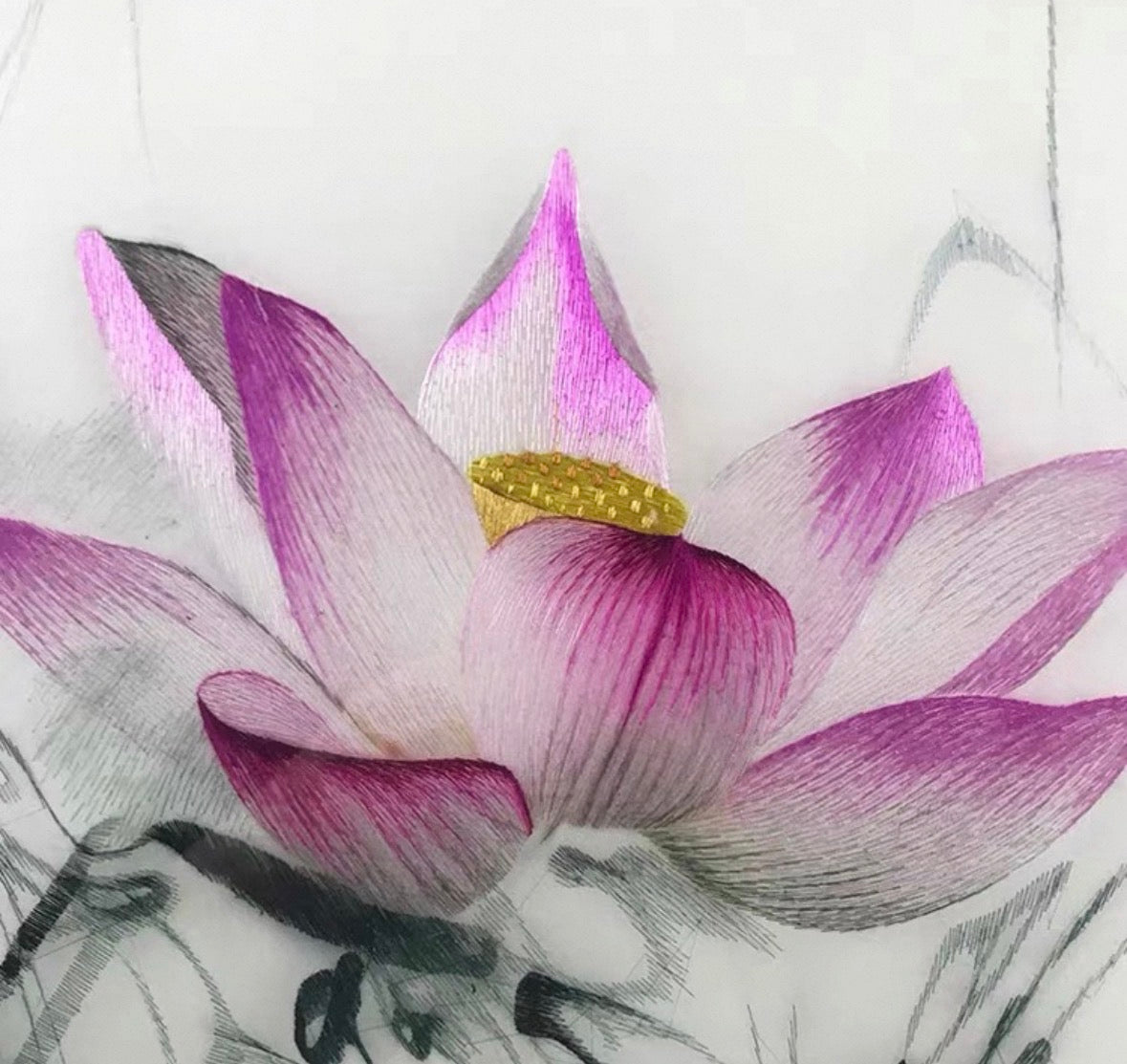 Zen Vitality: Hand-Embroidered "Ink-Flow Lotus" Silk Art (Core Only)