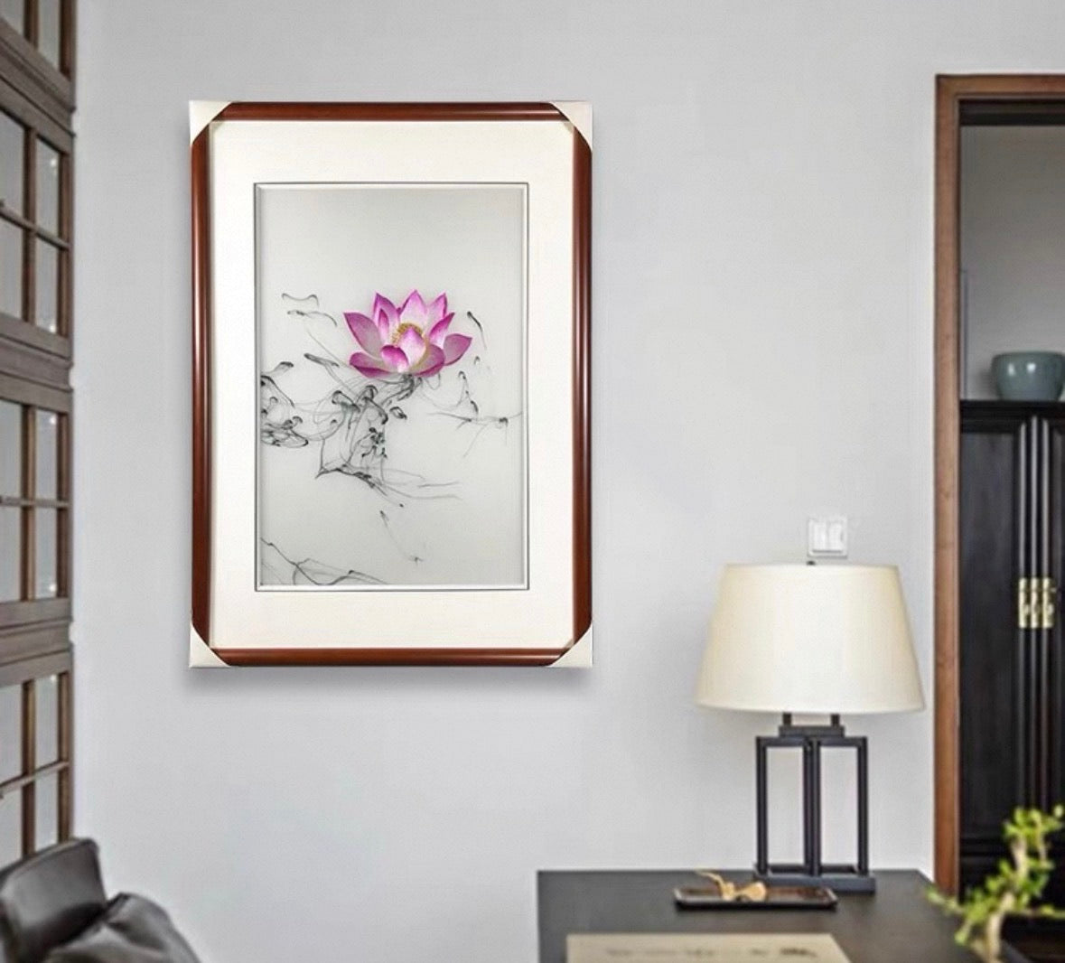 Zen Vitality: Hand-Embroidered "Ink-Flow Lotus" Silk Art (Core Only)