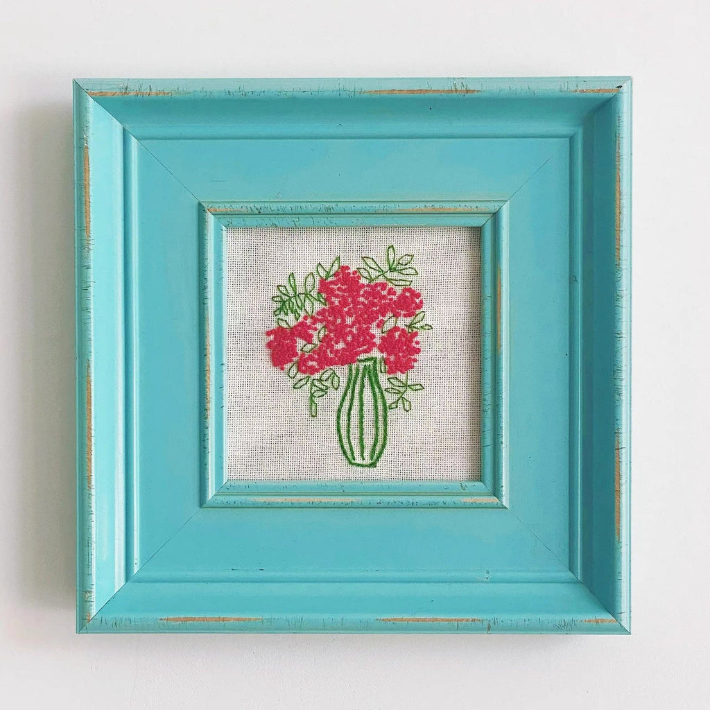 Handmade Floral Embroidery in Vintage Turquoise Solid Wood Frame
