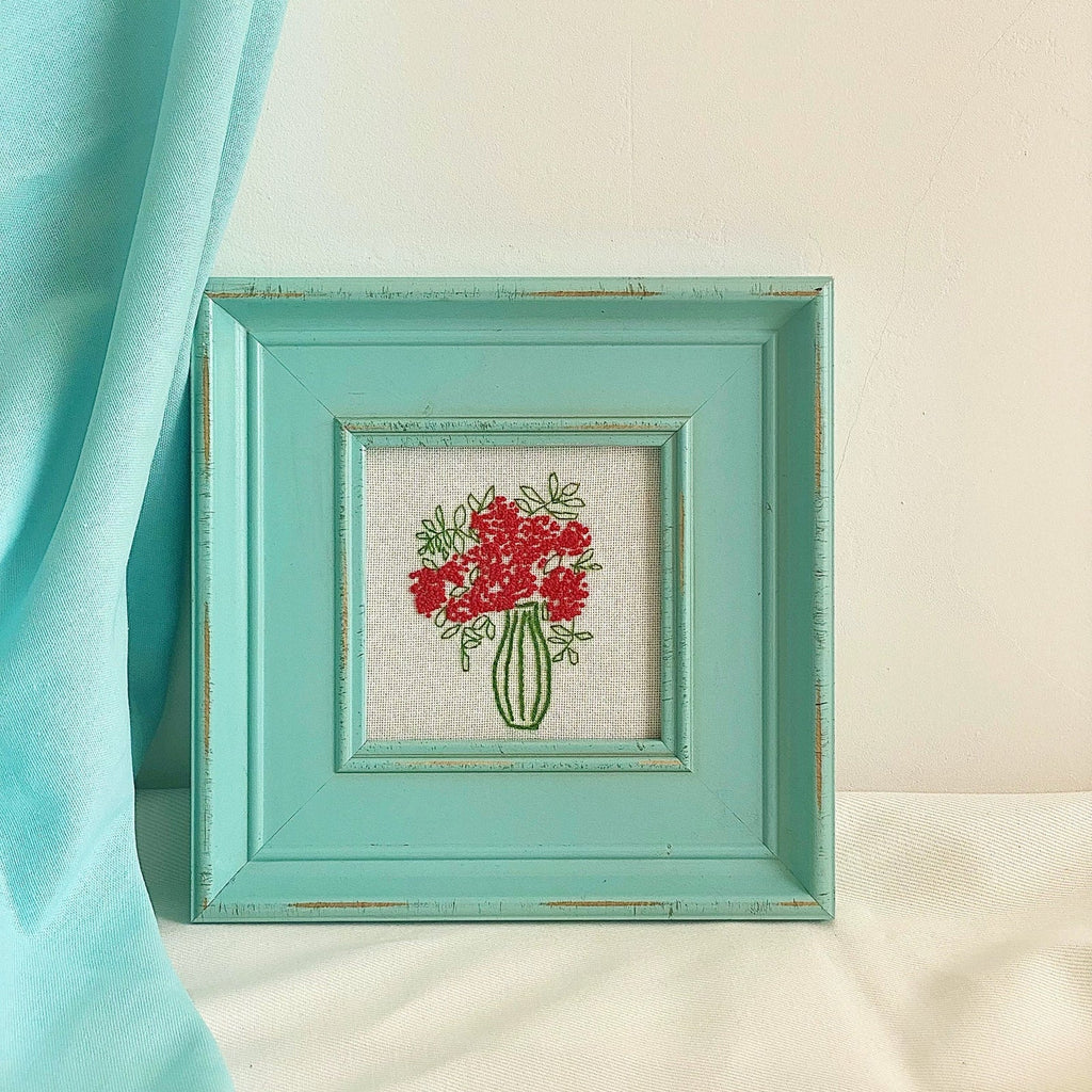 Handmade Floral Embroidery in Vintage Turquoise Solid Wood Frame