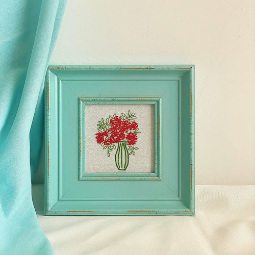 Handmade Floral Embroidery in Vintage Turquoise Solid Wood Frame
