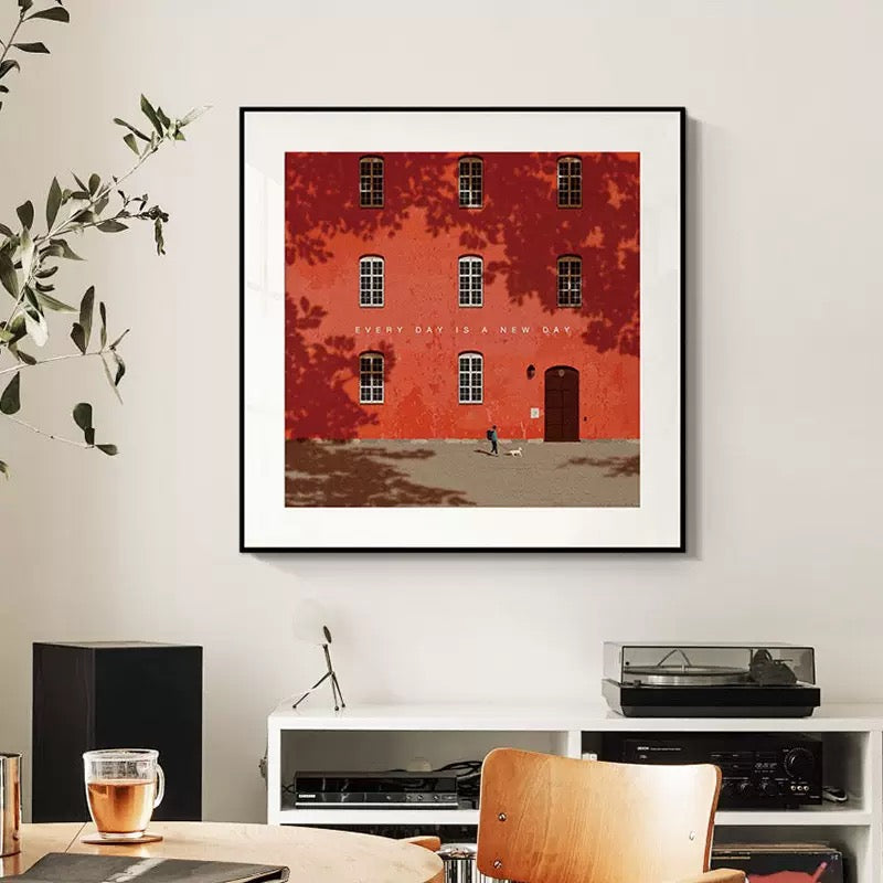 Minimalist framed print with "Every day is a new day" text. Stylish architectural wall art for home decor and thoughtful gift