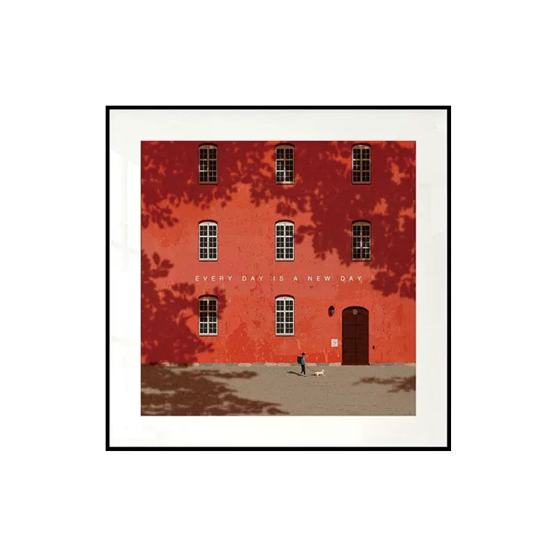 Inspirational quote wall art featuring a red building illustration. Ideal for modern home decor, interior design, and motivat