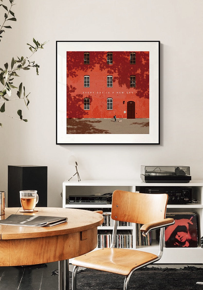 Stylized green palm tree print with a blue background. Elegant framed wall art for contemporary interior design and housewarm