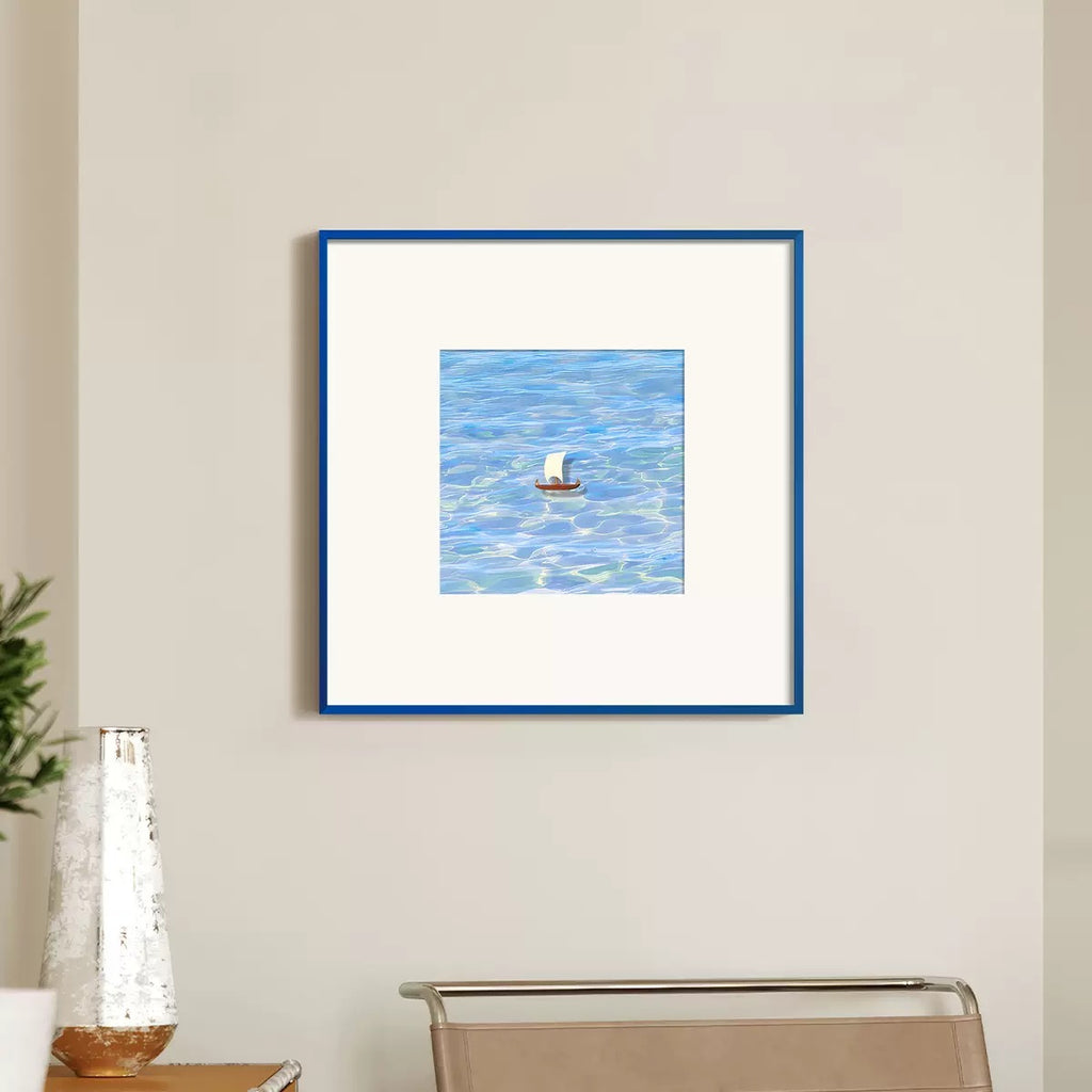 Surrealist Blue Pear Canvas Print in Blue Aluminum Frame