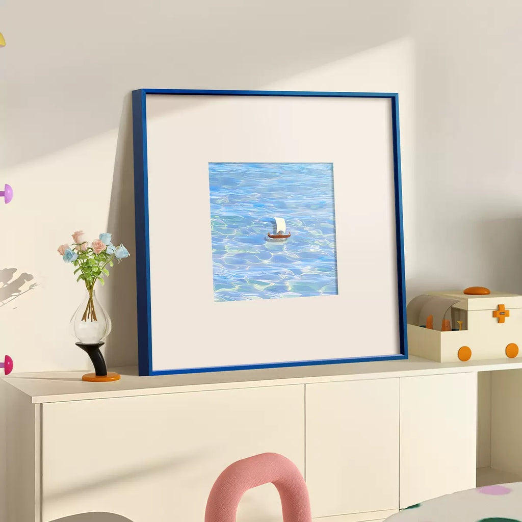 Surrealist Blue Pear Canvas Print in Blue Aluminum Frame