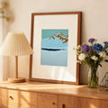 Modern Minimalist Mountain Lake Landscape Canvas Print in Teak Frame