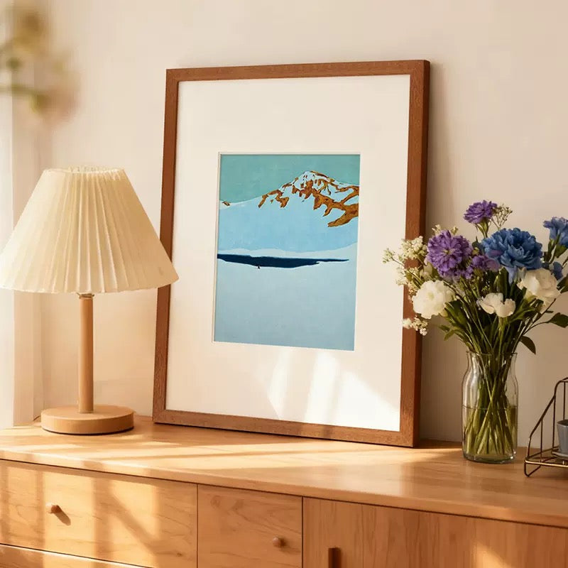 Modern Minimalist Mountain Lake Landscape Canvas Print in Teak Frame