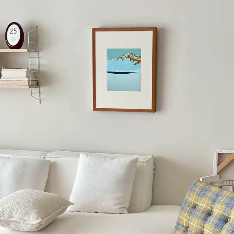 Modern Minimalist Mountain Lake Landscape Canvas Print in Teak Frame