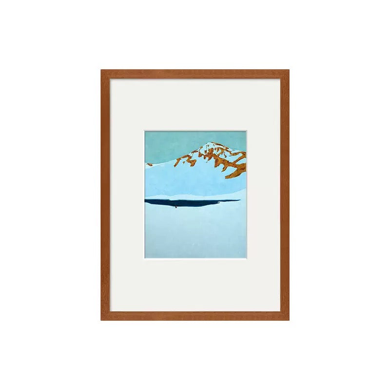 Modern Minimalist Mountain Lake Landscape Canvas Print in Teak Frame