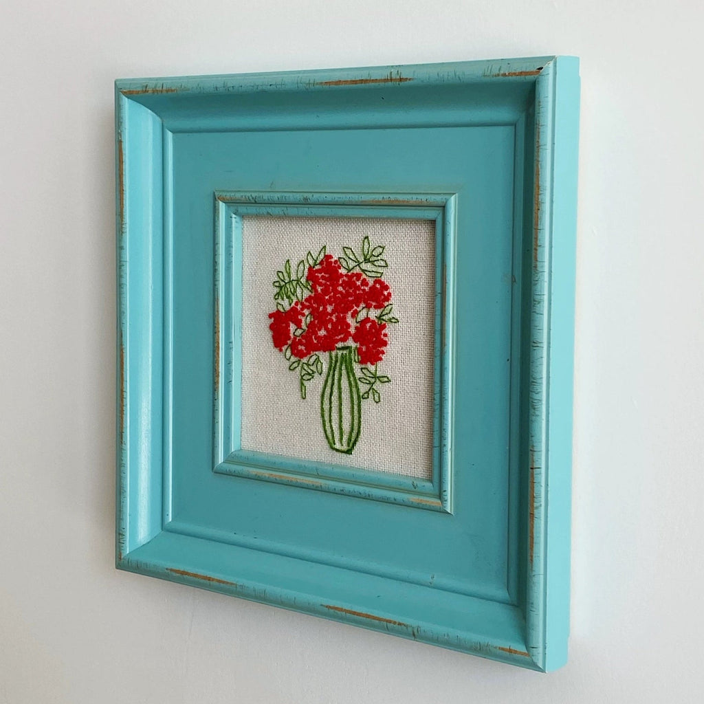 Handmade Floral Embroidery in Vintage Turquoise Solid Wood Frame