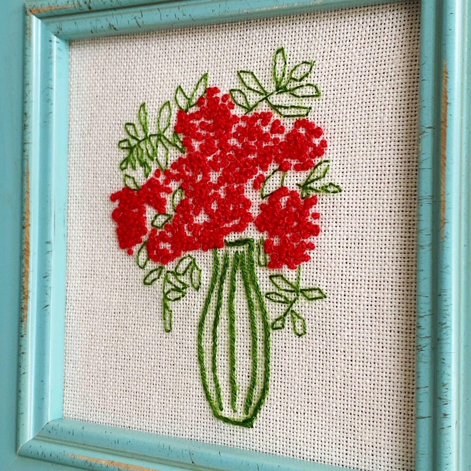 Handmade Floral Embroidery in Vintage Turquoise Solid Wood Frame
