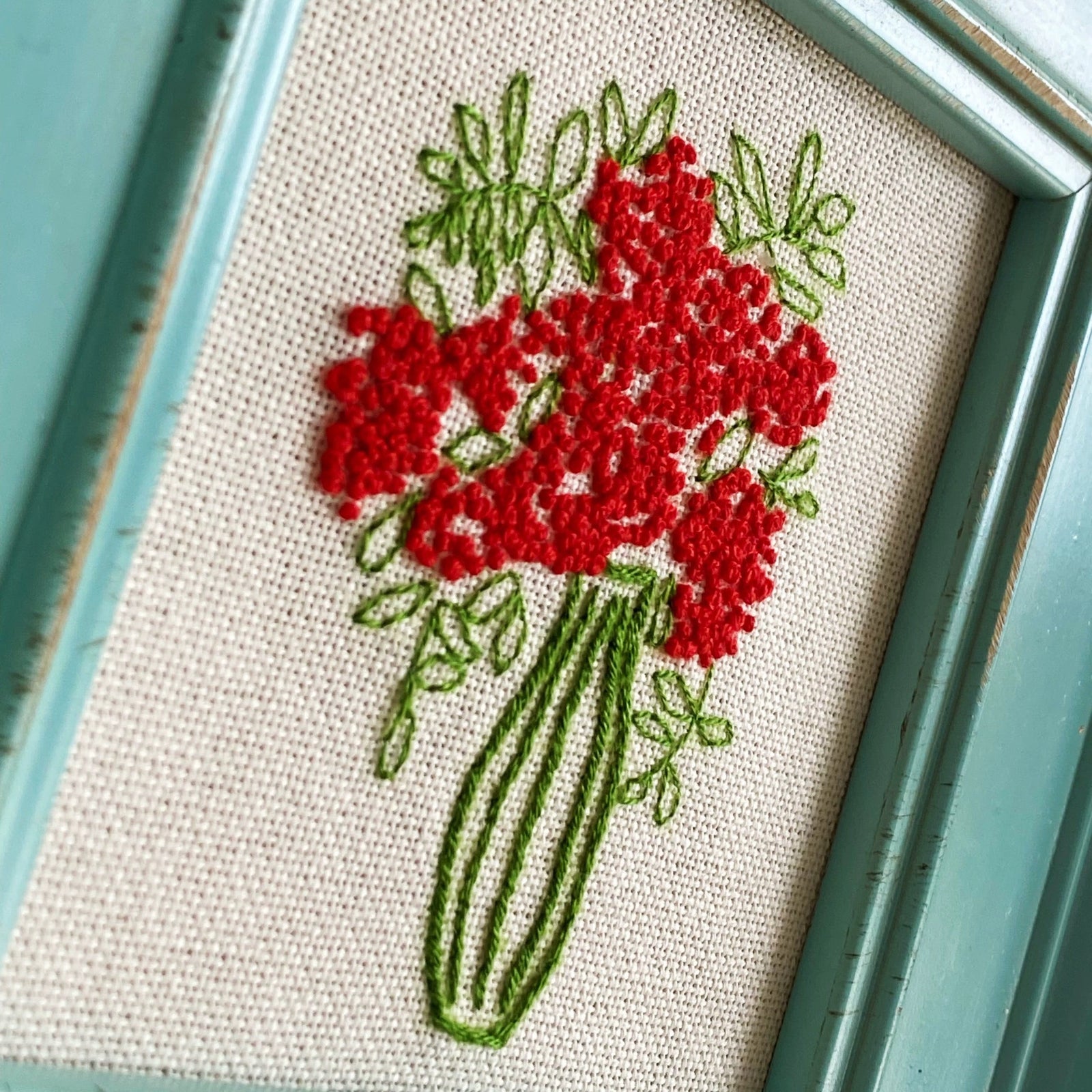 Handmade Floral Embroidery in Vintage Turquoise Solid Wood Frame