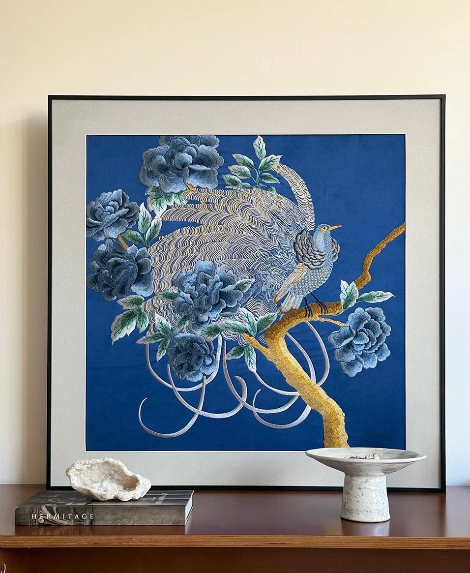 "Azure Harmony" – Hand-Embroidered Peonies and Auspicious Bird
