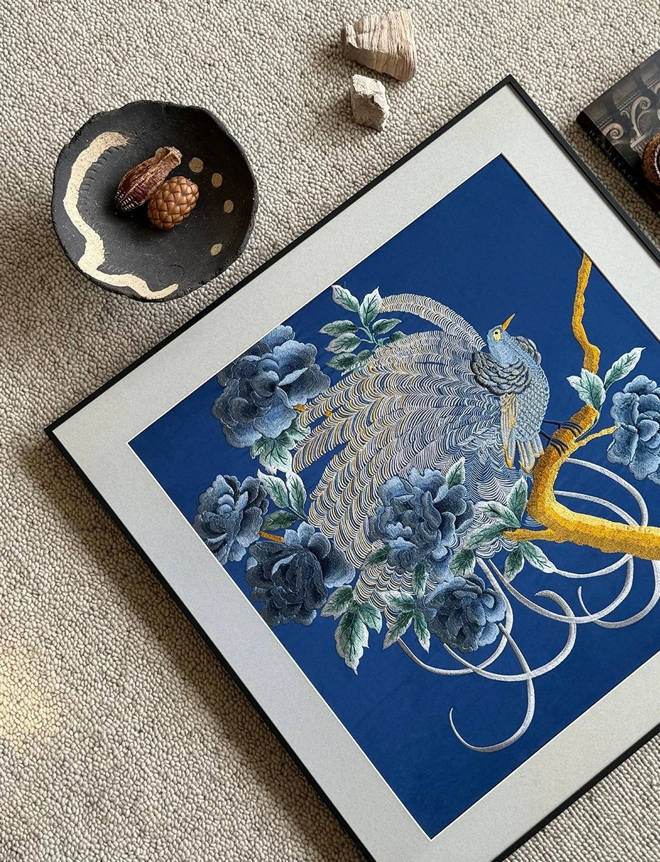 "Azure Harmony" – Hand-Embroidered Peonies and Auspicious Bird