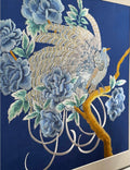 "Azure Harmony" – Hand-Embroidered Peonies and Auspicious Bird