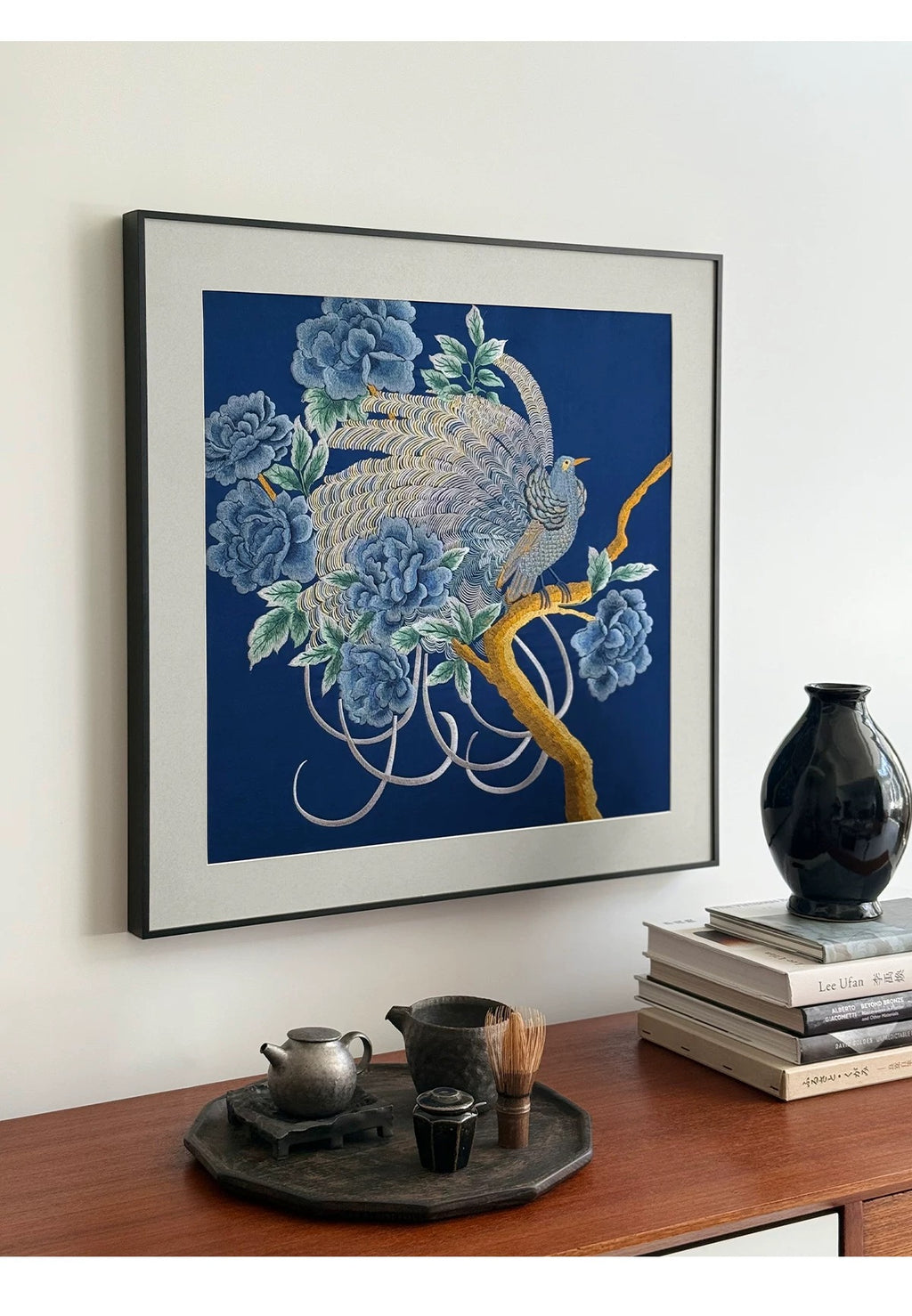 "Azure Harmony" – Hand-Embroidered Peonies and Auspicious Bird