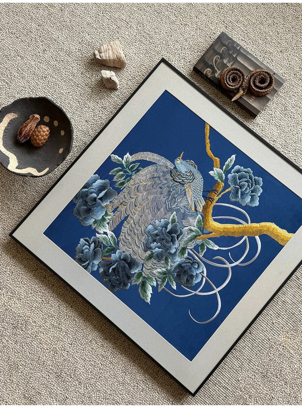 "Azure Harmony" – Hand-Embroidered Peonies and Auspicious Bird