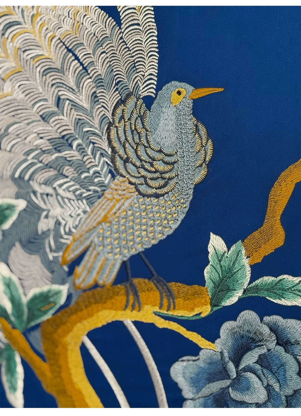 "Azure Harmony" – Hand-Embroidered Peonies and Auspicious Bird