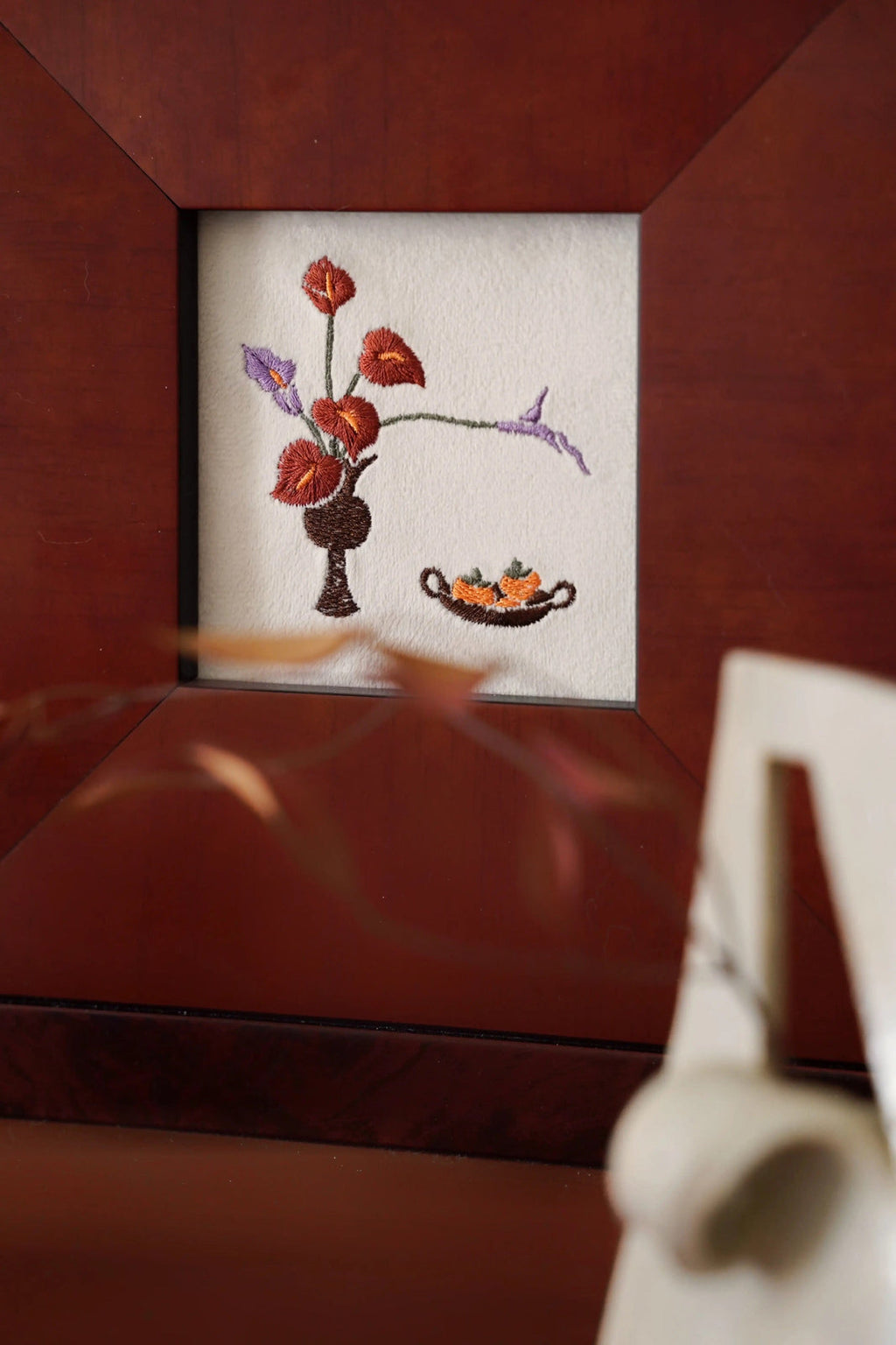 "Everlasting Bliss" Embroidery on Velvet in Premium Rose-Patterned Solid Wood Frame