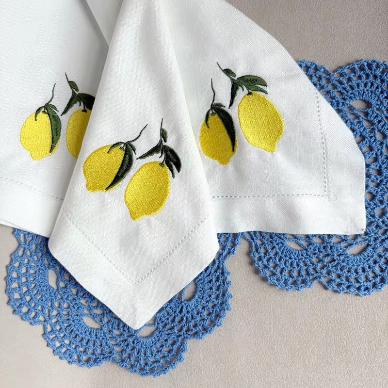 Amalfi Sunsets: Italian Lemon Embroidered Pure Linen Napkins - Set of 4