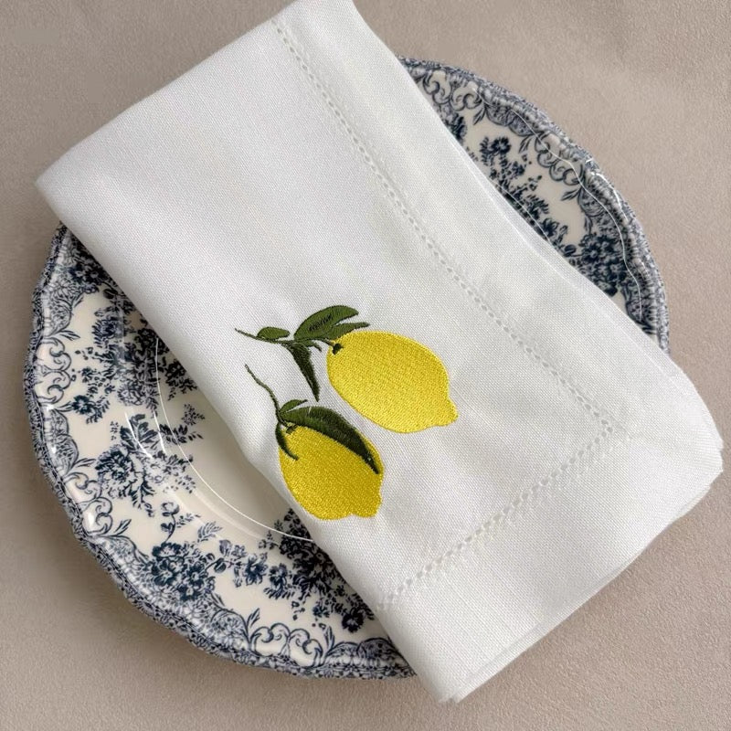 The Amalfi Lemon Grove Gift Set (Set of 4 Linen Napkins + Framed Embroidery Art)