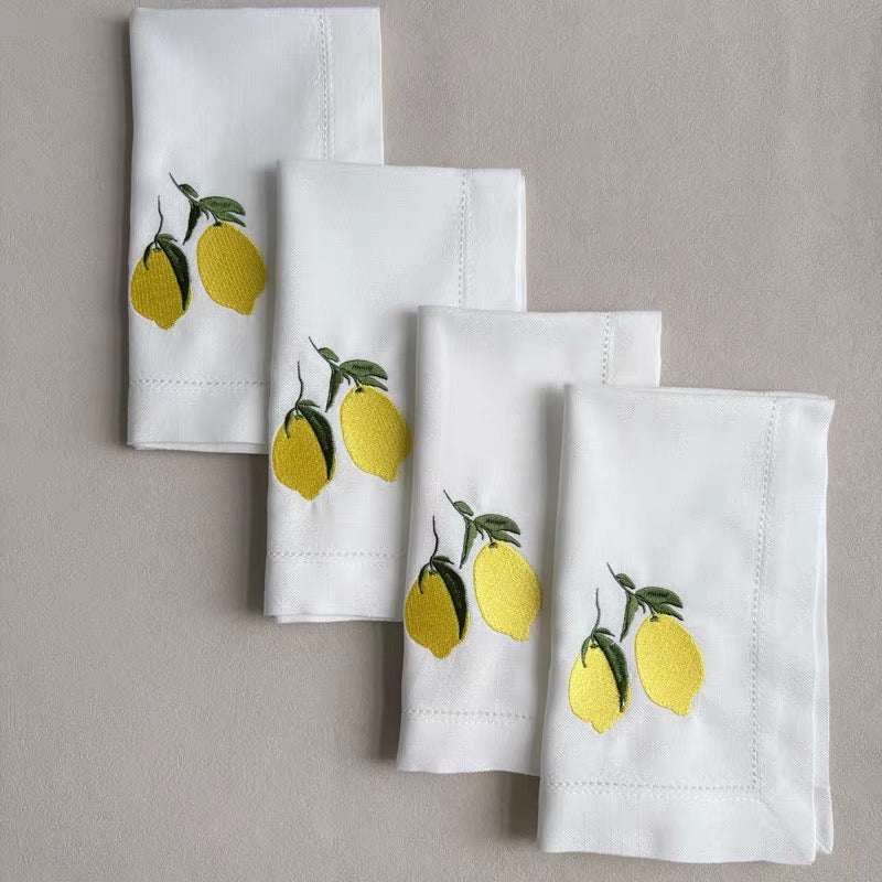Amalfi Sunsets: Italian Lemon Embroidered Pure Linen Napkins - Set of 4