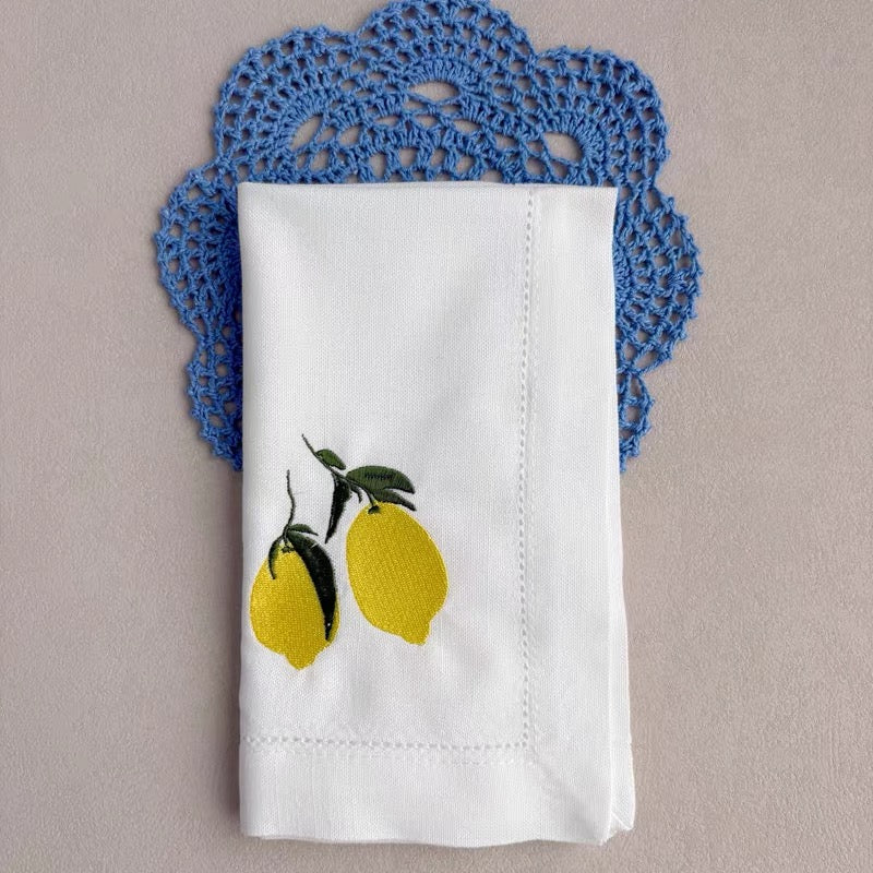 The Amalfi Lemon Grove Gift Set (Set of 4 Linen Napkins + Framed Embroidery Art)